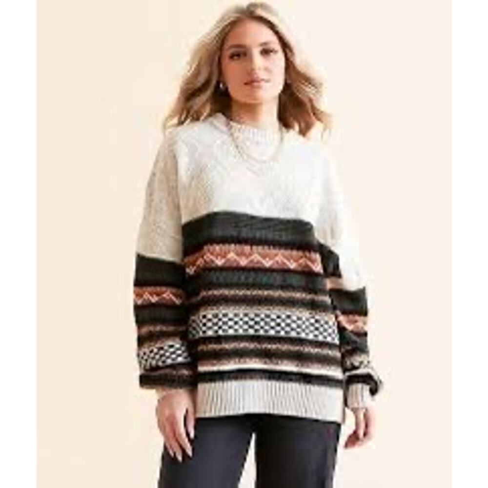 Gilded Intent Brielle Oatmeal Knit Colorful Contrast Sweater Women’s Large